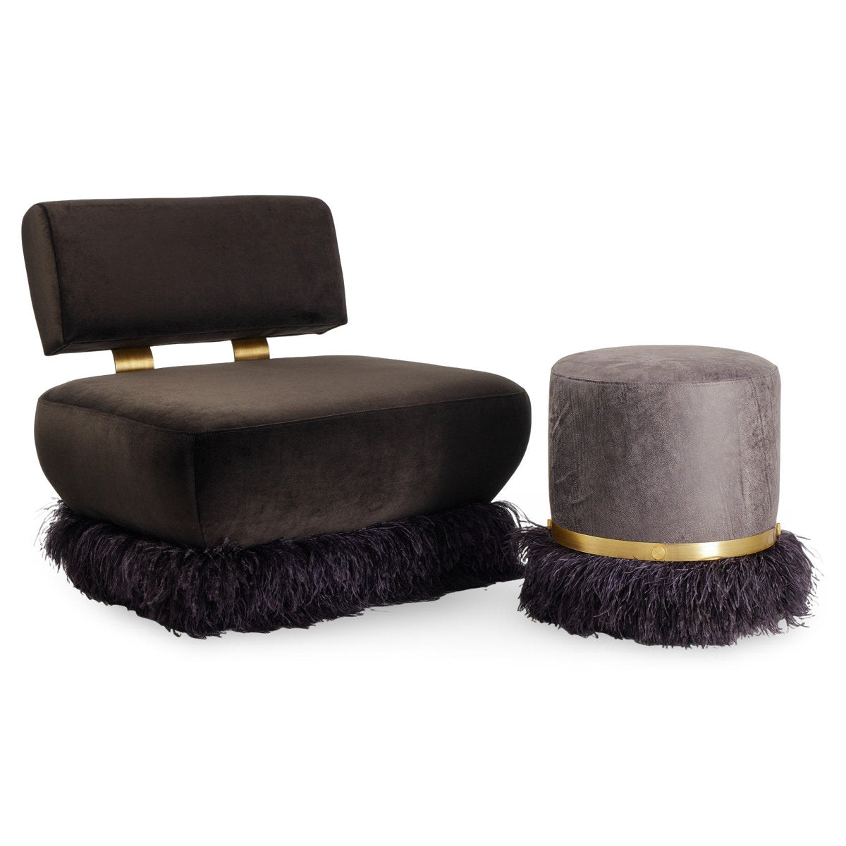 Leather Ostrich Fluff Pouf