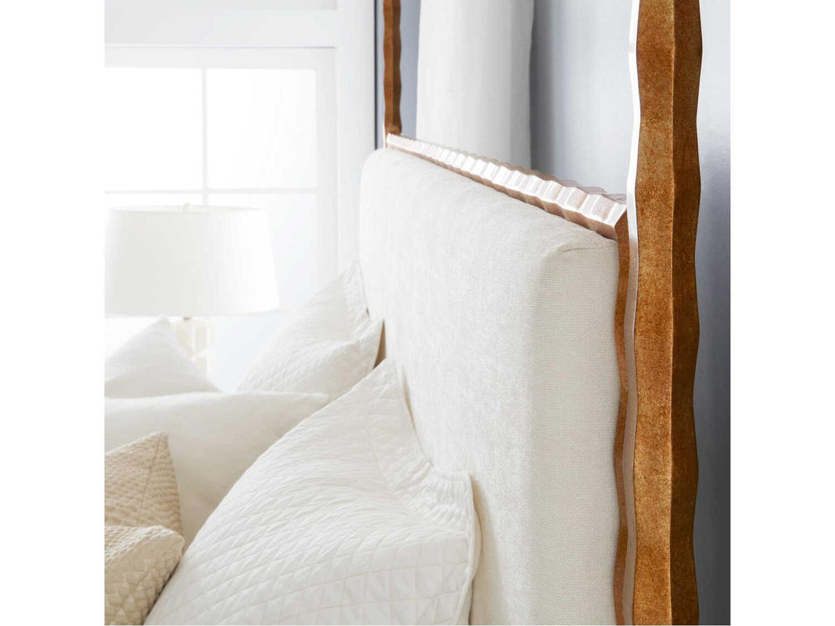 Organic Antiqued Gold Leaf Upholstered Queen Canopy Bed