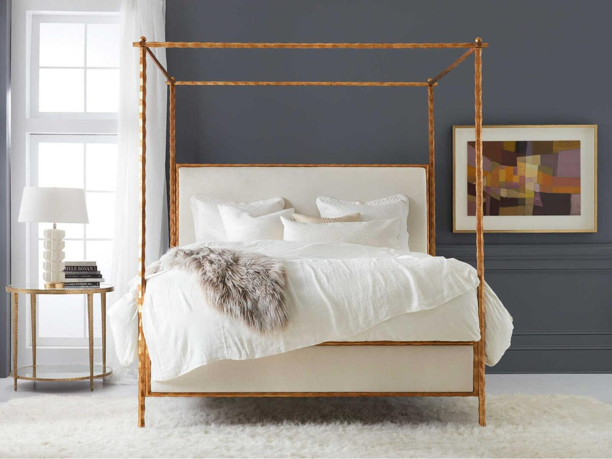Organic Antiqued Gold Leaf Upholstered Queen Canopy Bed