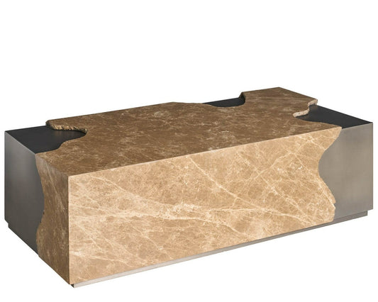 Mirage Light Emperador Stone Floating Top Antique Nickel Frame Cocktail Table on Casters