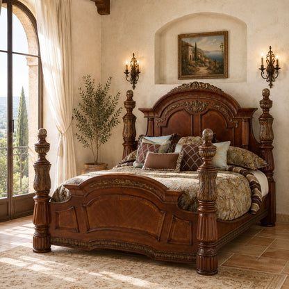 Michael Amini Villa Valencia Eastern King Poster Bed Classic Chestnut