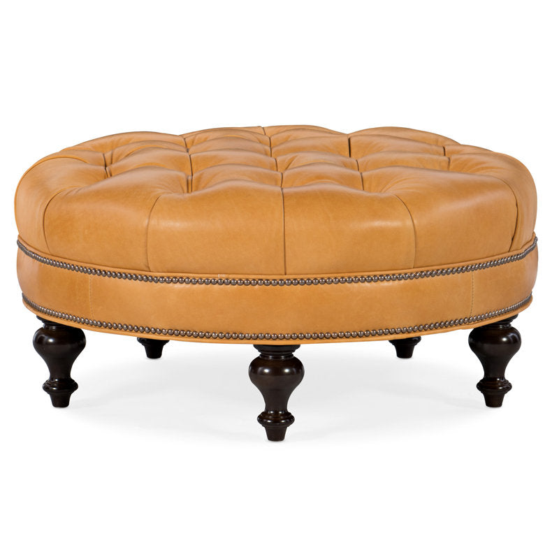 Bradington Young Well Rounded 38 Wide Genuine Leather Tufted Round Cocktail Ottoman